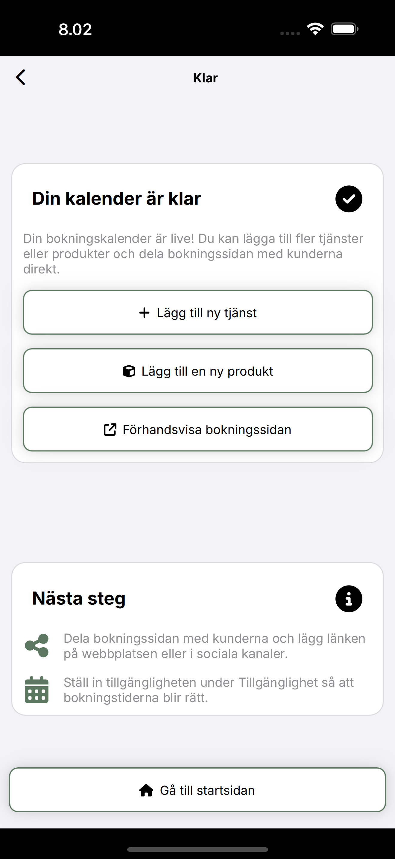 Skärmen Kalender klar: förhandsvisa sida och nästa steg.