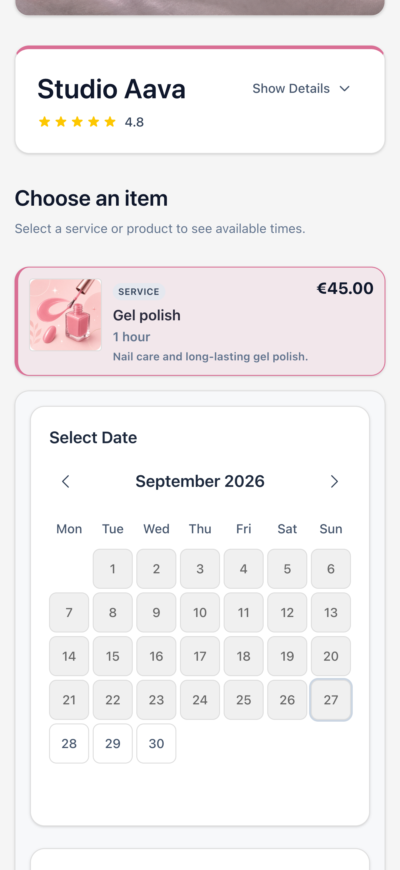 Righthere app: public booking page on a phone