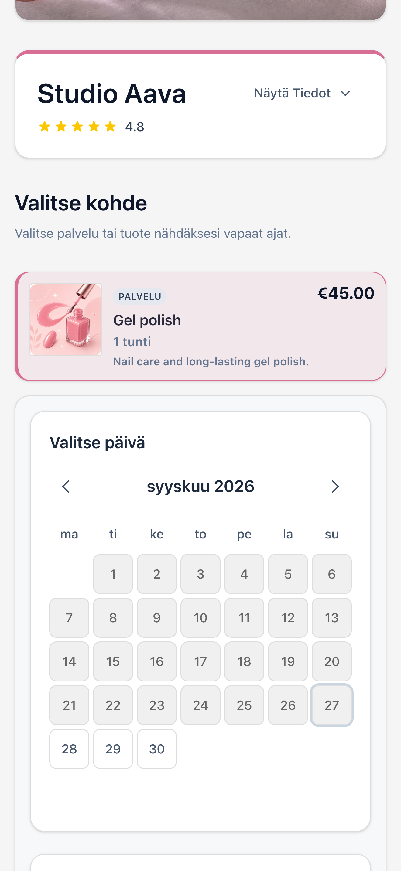 Righthere-sovellus: julkinen varaussivu puhelimessa